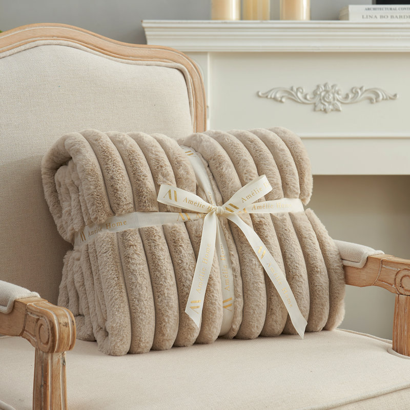 Striped Faux Fur Throw Blanket, Cozy Fuzzy Soft Style for Sofa & Bed, 70" L x 55" W, Beige