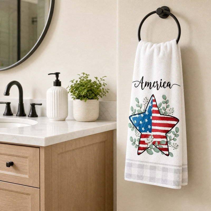 Patriotic Star Flag Microfiber Kitchen Towel Set Of 2, Absorbent Hand Towel For Independence Day Decor, White