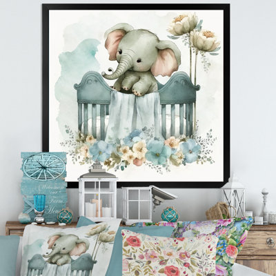 Bébé éléphant dans un lit de bébé avec des fleurs I - Éléphant, art mural