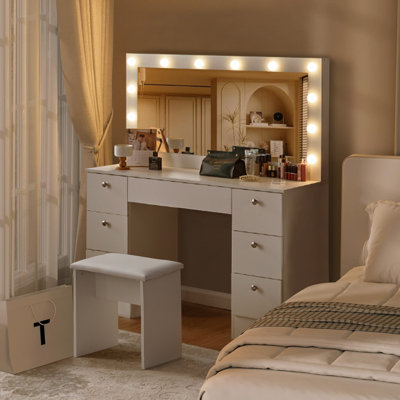 Dressing Table With Mirror, 7 Drawers Vanity Table With 3 Colors LED Light