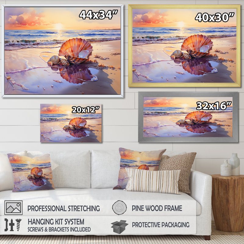 Coastal Treasures Sunset Seashell I - plage, art mural, H 24 po x l 32 po x P 1 po, Cadre flottant noir