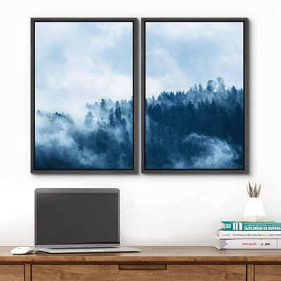 Misty Forest Landscape " Misty Fog Blue Winter Mountain Forest Nature Landscape Print Decor " 2 - Pieces