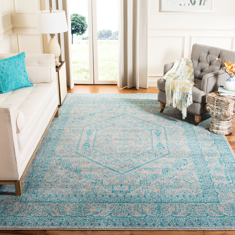 Tapis oriental de couleur sauge / ivoire Arrietty, Light Grey/Teal, Rectangle 6 pi x 9 pi
