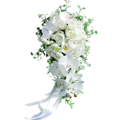 Wedding Bouquets for Bride, White Butterfly Orchid Waterfall Water Drop Bridal Artificial Flowers Bouquet Cascading Bouquet for Wedding Bridal Shower Party Wedding Decoration