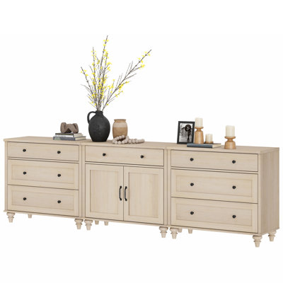 Buffet avec 2 portes en bois et 8 tiroirs, crédence de style campagnard pour la salle à manger, grande armoire de rangement moderne pour le salon, beige, 102 pouces