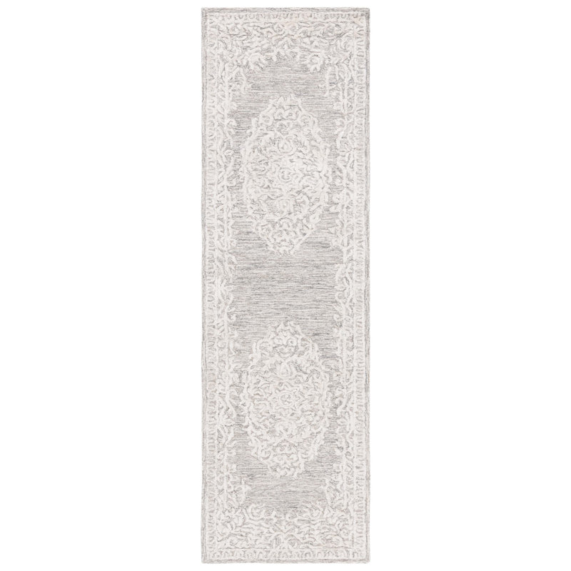Bathilda Hand Tufted Wool/Bamboo Silk/Cotton with Cotton Backing Oriental Rug in Gray/Ivory, Runner 2'3" x 8'