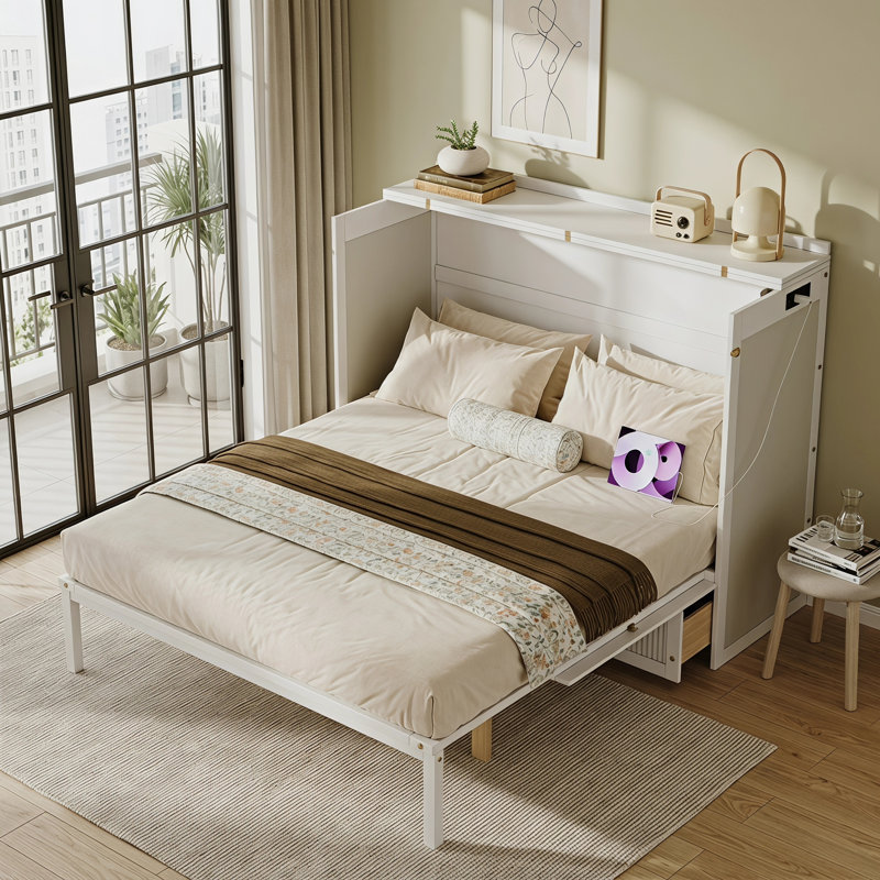 Multifonctionnel grand lit escamotable avec station de charge USB, lit escamotable avec tiroirs, White