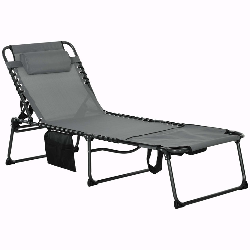 Aidean Portable Reclining Chaise Lounge Chair - 5-Position Adjustable Backrest, Removable Pillow & Side Pocket, Folding Sun Lounger for Patio, Pool, Camping (Supports 264 lbs)