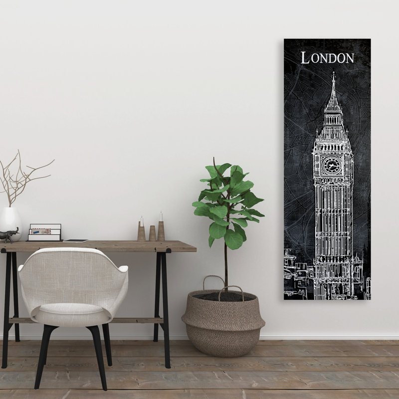 Big Ben Sketch with Map Background - Architecture Gray Canvas
