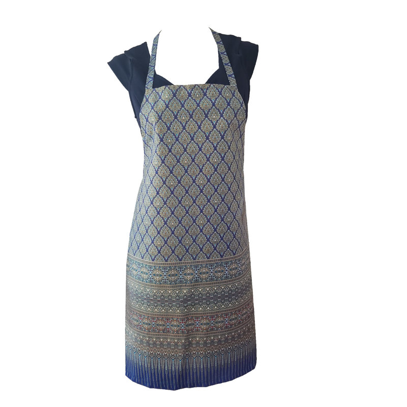 Apron Printed Floral Design Pinafore Style Long Waist Ties. Cotton Fabric Cooking Apron, Teal/Navy