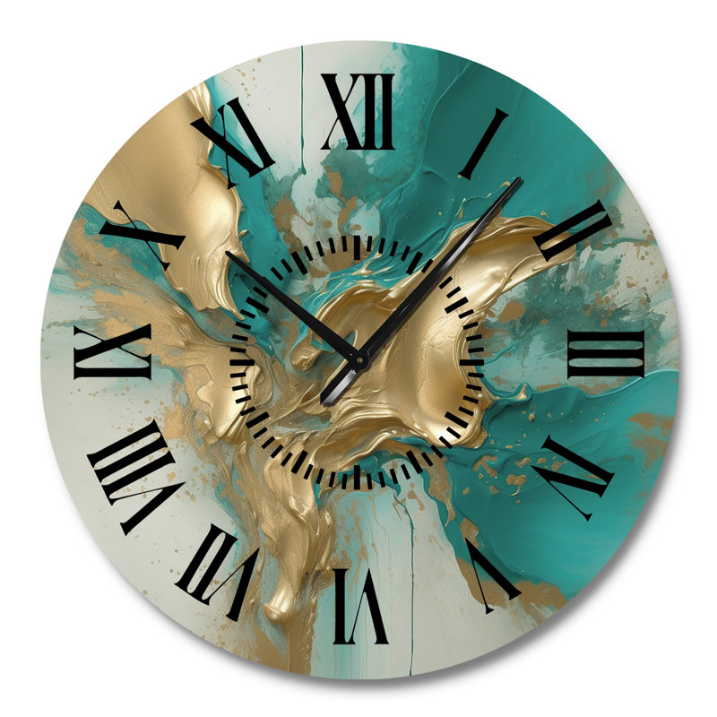 Horloge murale dorée et turquoise Fuild Ink II - marbre abstrait noir, Grand