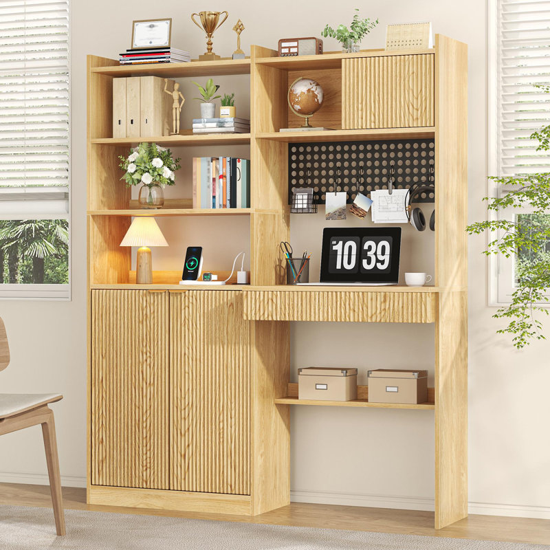 63" Tall Computer Desk With Hutch, Fluted Wood Computer Desk, Featuring Charging Station, Drawer And Storage Cabinet, For Home Office Work And Study,Oak