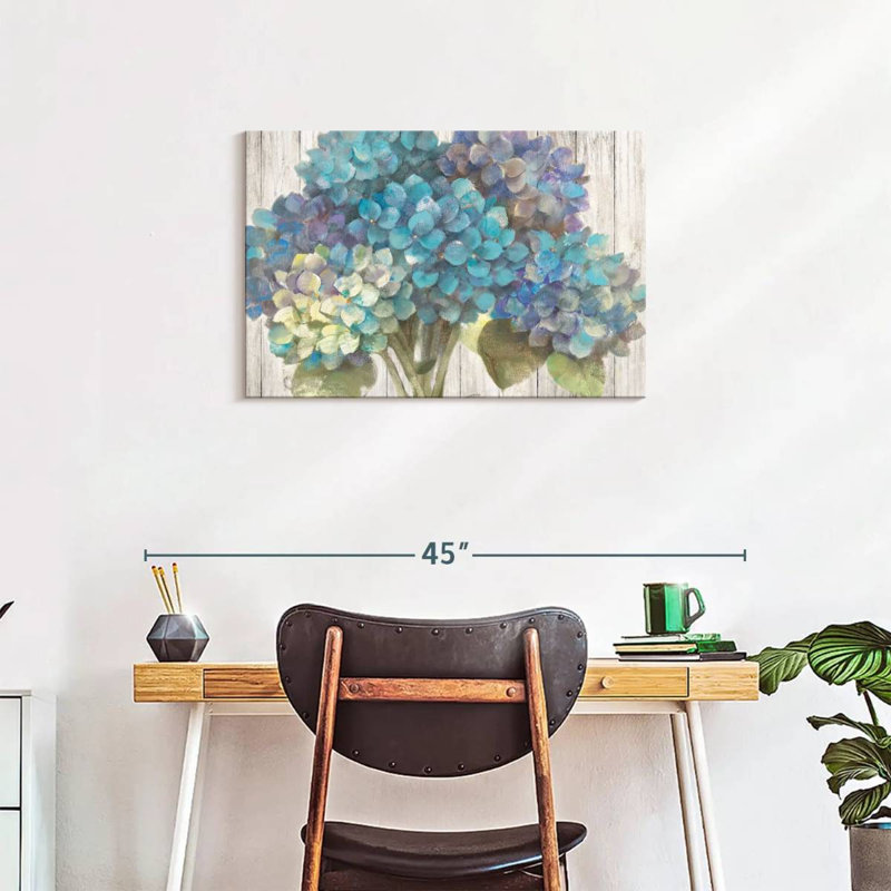 Harnek Turquoise Hydrangea On Barn Board, 20" H x 30" W