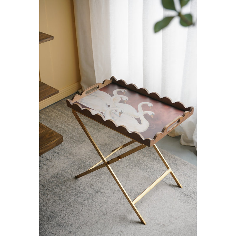 Table-plateau 23,5 po x 15,5 po x 24 po en MDF brun avec motif de cygne blanc et base en fer