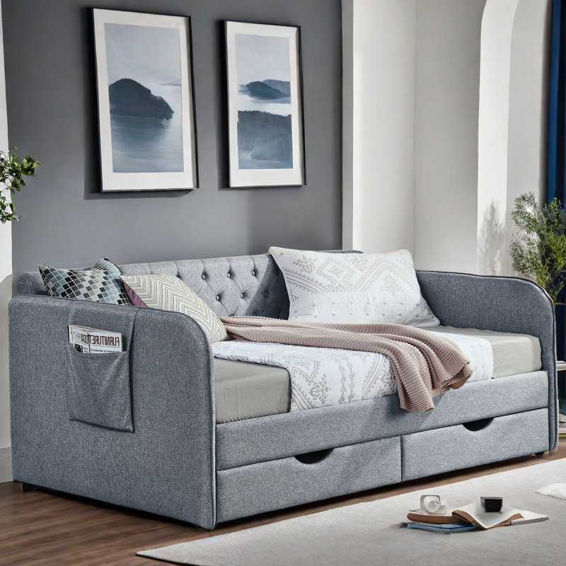 Braddon  Daybed With Trundle, Two Drawers , Side Pockets And Button Tufted Design, Gray