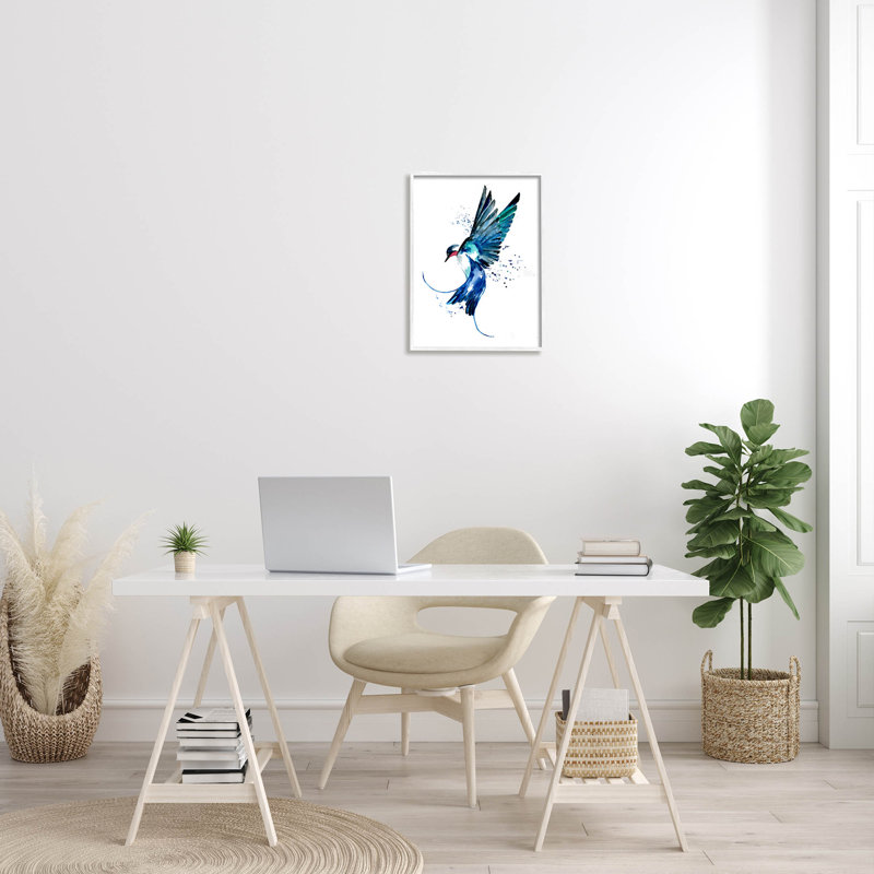 «Blue Bird Flying Wings» par Sebastian Grafmann, H 20 po x l 16 po x P 1,5 po, Giclée encadrée blanc bord de mer