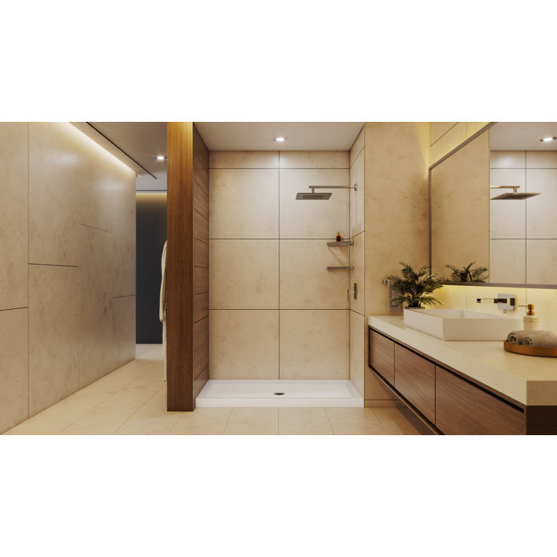 DreamLine SlimLine 34 inch D x 60 inch W x 2 3/4 inch H Single Threshold White Alcove Shower Base with 2 inch Polished Nickel Center Round Drain