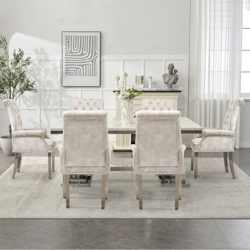 Upholstered Tufted Arm Dining Chairs, Velvet Beige