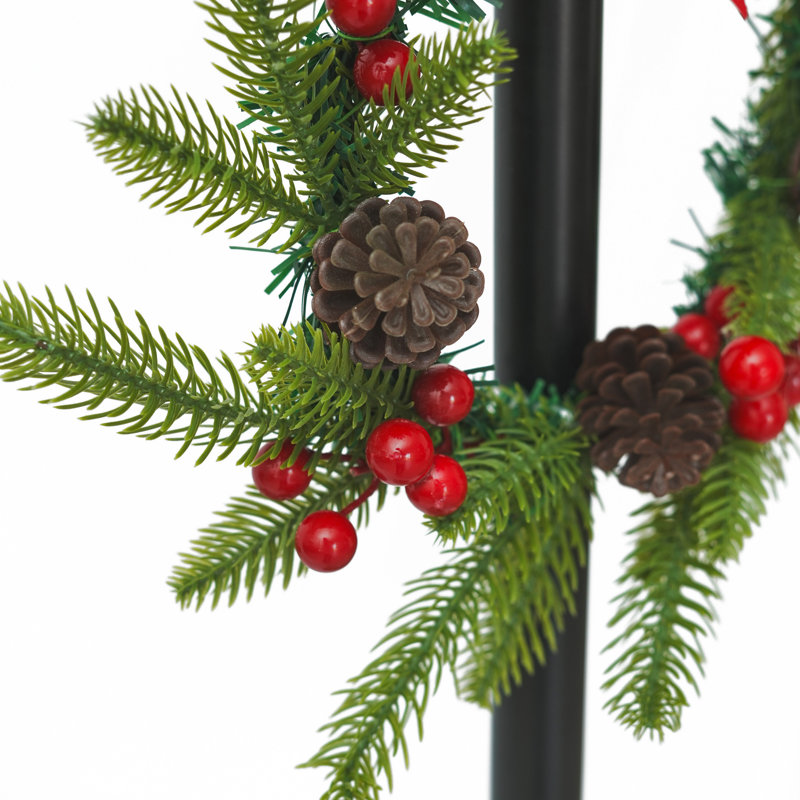 Lampadaire solaire réglable 59 "avec couronne de pin permanente - Base composite résistante aux intempéries pour un décor de jardin et de porche à l'année