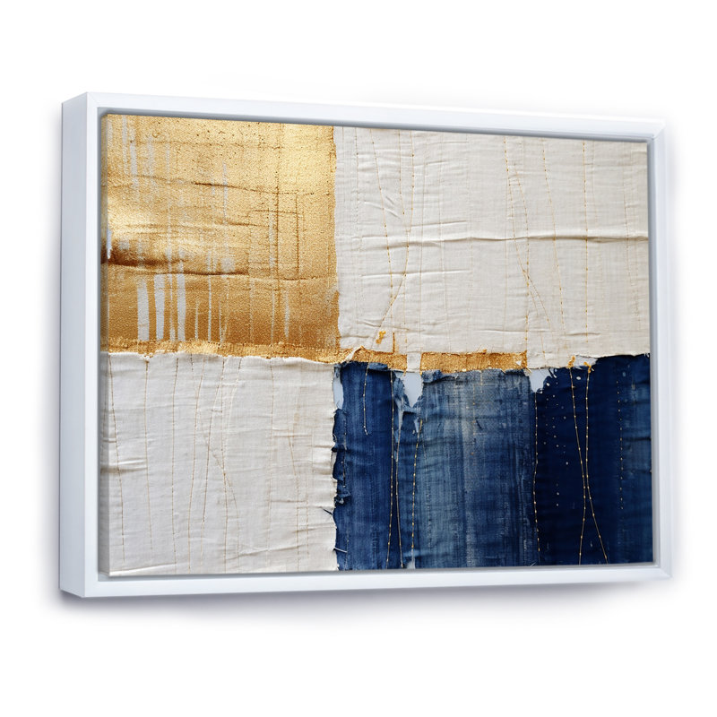 A Touch of Gold and Kings Blue - peinture abstraite, art mural, H 34 po x l 44 po x P 1,5 po, Cadre flottant blanc