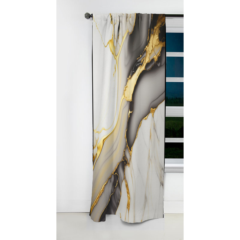 Rideau occultant abstrait en marbre blanc et doré Abstract Geode II - 1 panneaux, L 52 po x L 108 po