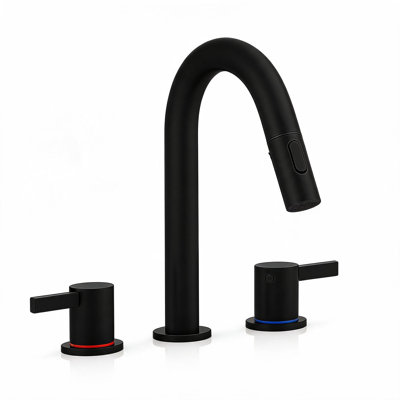 Robinet de salle de bain 8 pouces en acier inoxydable noir mat avec deux poignées et douchette rétractable
