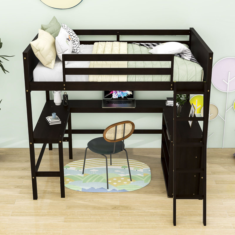 Wood Loft Bed with Desk and Shelves, Espresso, Twin