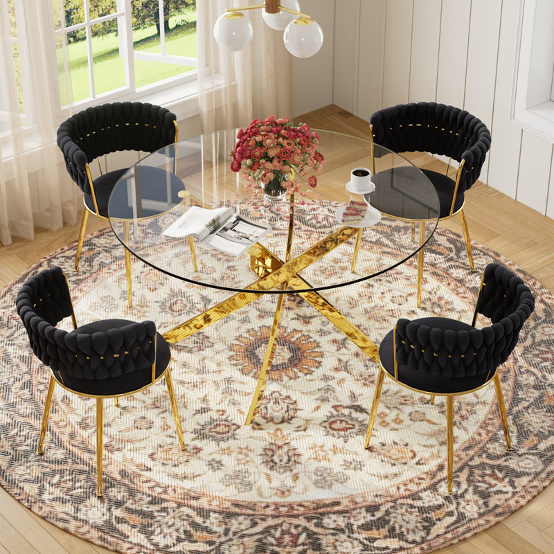 Modern Round Pedestal Dining Set with Weaven Velvet Dininig Chair, 5, Black, Gold