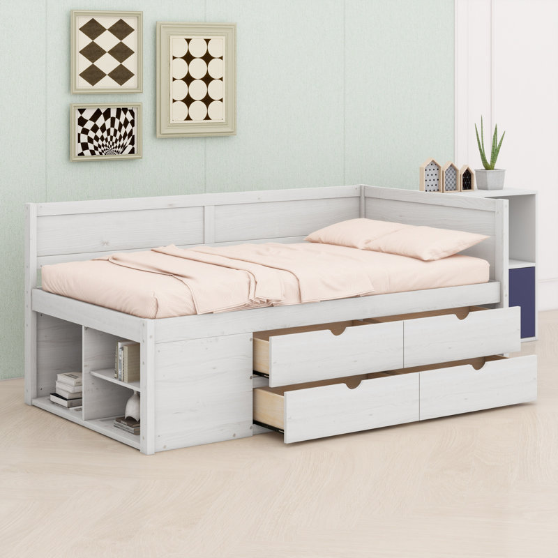 Lit de jour avec tiroirs et tablettes, Blanc