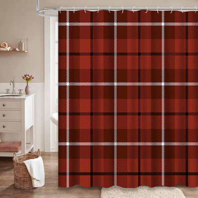Tartan Black Plaid Red Checkered White Shower Curtain with 12 Hooks