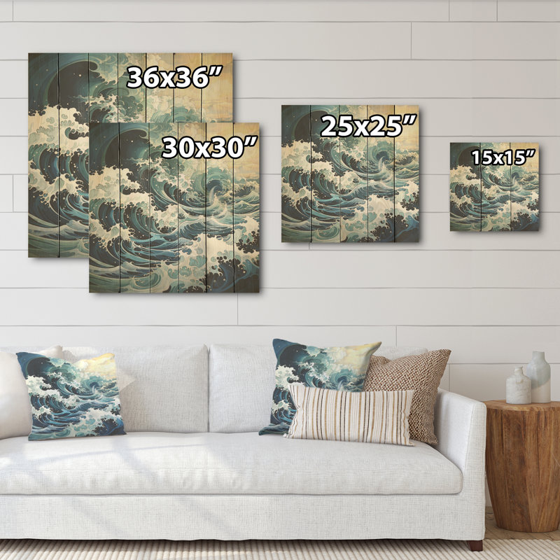 Abstract Blue And White Ocean Storm I - Coastal Wood Wall Art On Natural Pine Wood, 15" H x 15" W