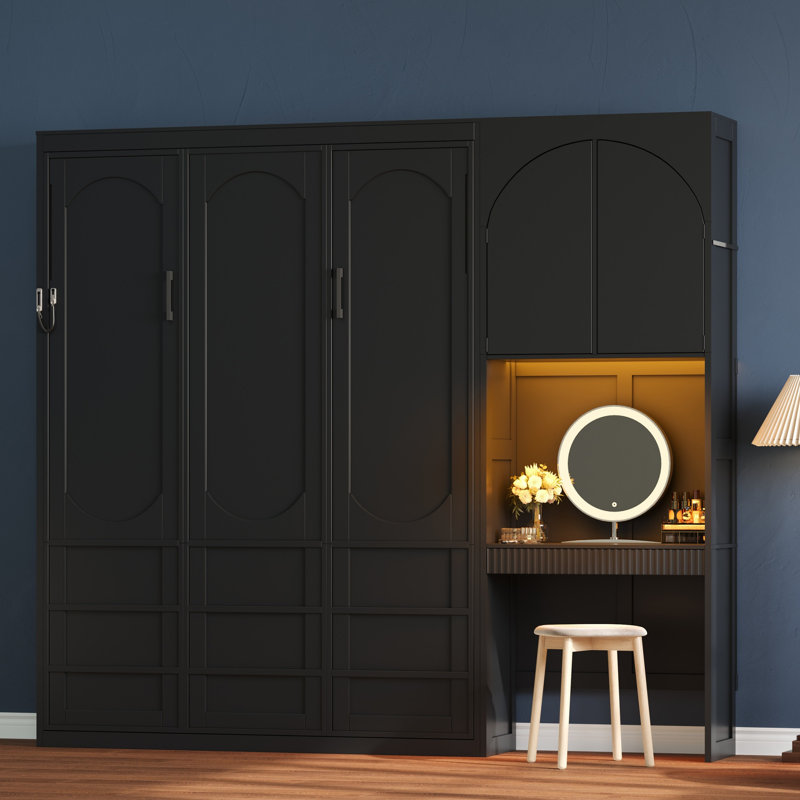 Grand lit escamotable en bois avec bureau intégré, éclairage DEL, armoire de rangement, tiroirs et tablettes, Noir