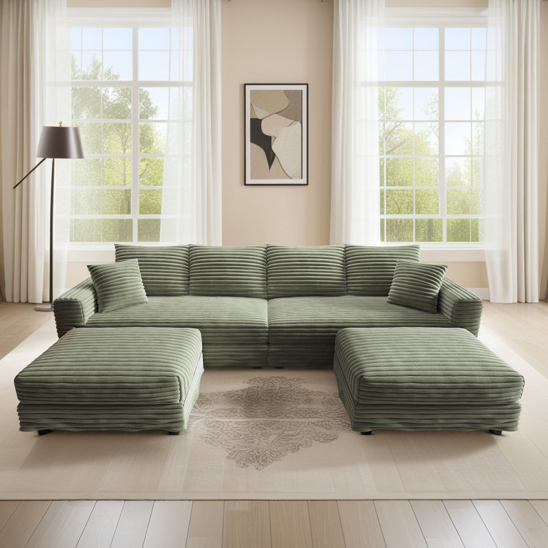 103'' Modular Sectional Sofa With Chaise Conversion And 2 Throw Pillows, Green Corduroy