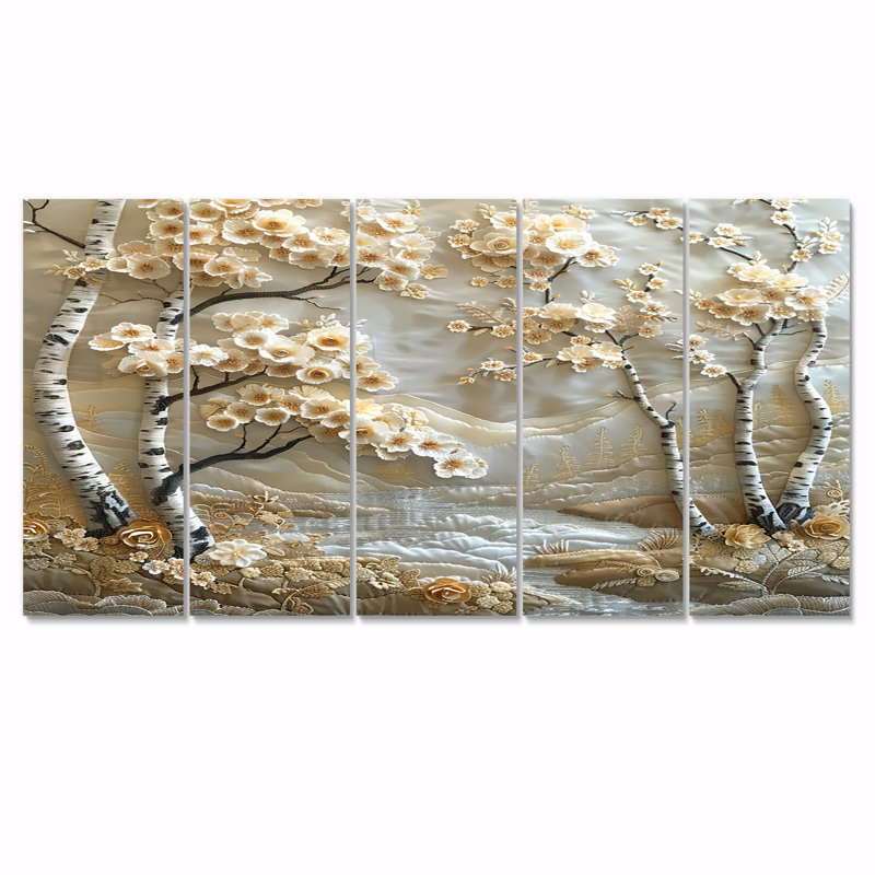 «Blossoming Birch Trees Quiet Silver River - Tree Birch», art mural sur toile 5 pièces, H 28 po x l 60 po