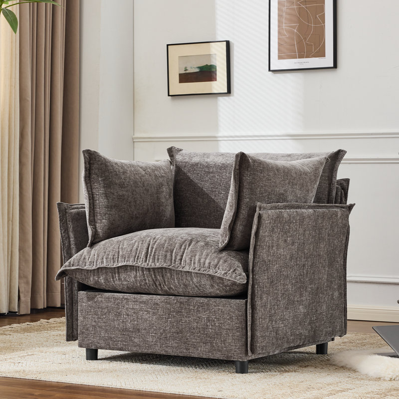 Chenille Upholstered Skirted Arm Chair Accent Chair  With Thin Arms For Living Room, Dark Brown