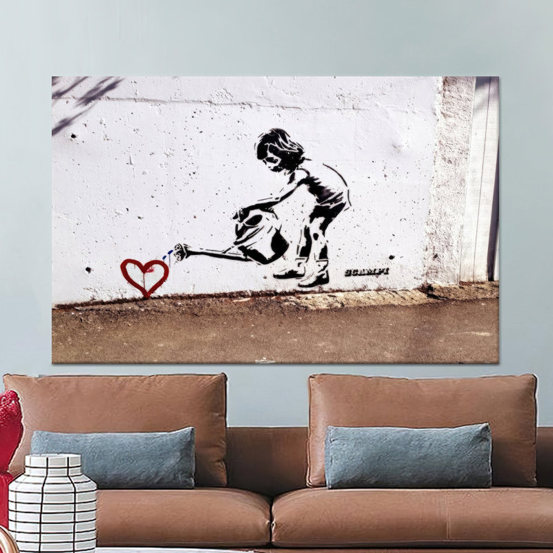 Reproduction d'art sur toile imprimée: Banksy Children Watering Heart Design, 1P WhiteFramedCanves, H : 47,3 x L : 67 pouces