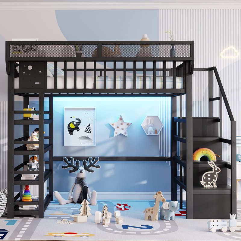 Full Size Metal Loft Bed with Stairs, 4-Tier Storage Rack & Charging Station, RGB LED, Kids Teens Full Loft Bed,Black, Black