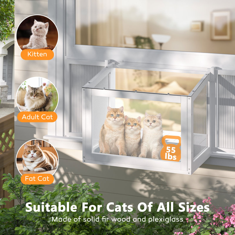 Expandable Window Enclosure For Indoor Cats, Cat Window Box, Window Catio Universal Cat Window Perch with Waterproof Transparent Top Fits Vertical Windows 26" to 42" Wide, for Sunbathing, Napping & Nature Viewing