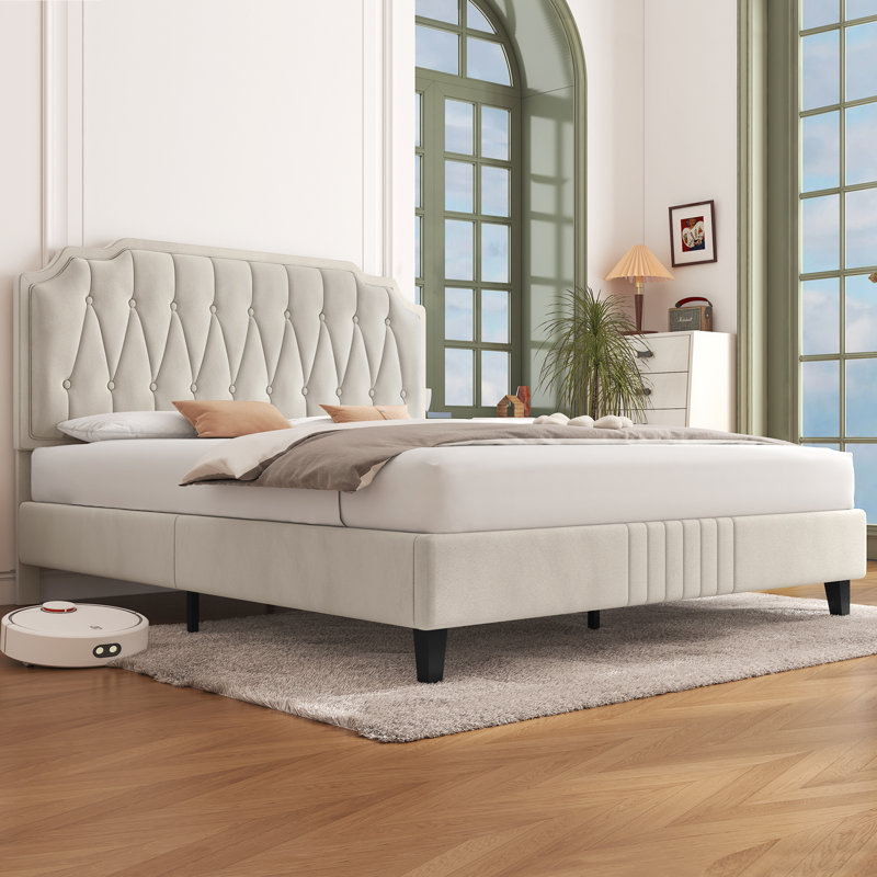 Upholstered Bed Frame with with Diamond Button-Tufted Headboard, Beige, Kingsize (5')