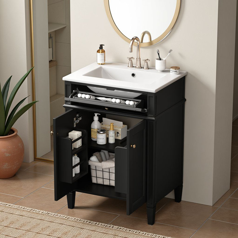 Meuble-lavabo autoportant blanc moderne 24 po avec lavabo en céramique, tiroir coulissant et 2 portes à fermeture en douceur avec rangement