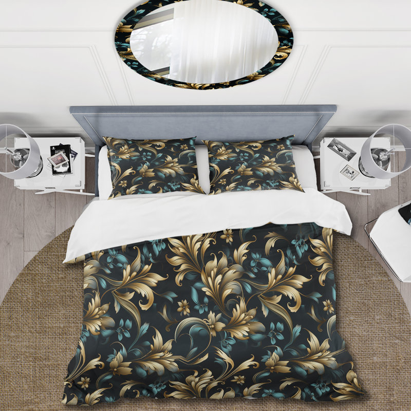 Dark Blue And Golden Techno Damask Realm I - Ensemble de housse de couette en damas