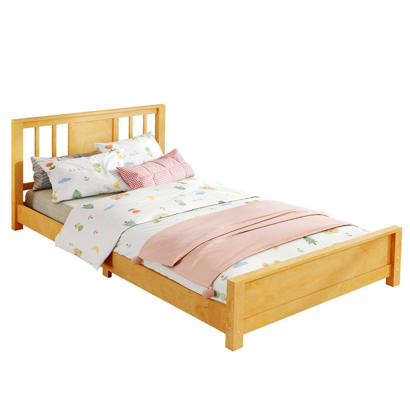 Base de lit plateforme avec tête de lit, base de lit en bois, lit de plancher avec lattes de soutien, Naturel