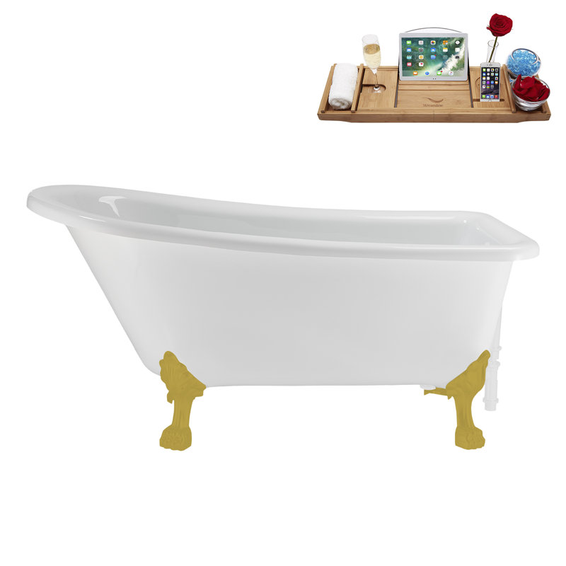 58" Streamlin Clawfoot Tub,Tray,Drain, Clawfeet, Brushed Gold, Glossy White