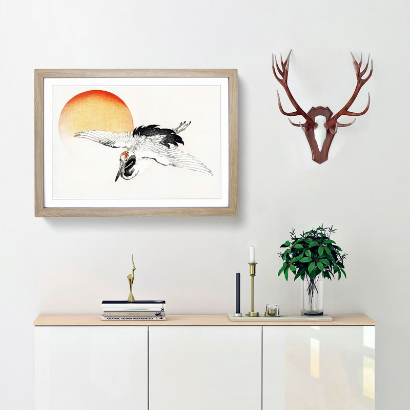 Bird Flying During Sunset by Kono Bairei - Framed Print, 45cm H x 63cm W x 2cm D, Oak Framed