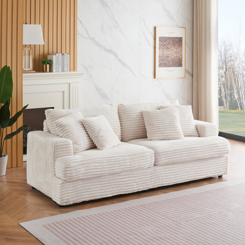 Corduroy Sofa 3 Seater Sofa Couch with 4 Toss Pillows Sleek Design Modern Comfortable for Room, 35" H x 88.58" W x 35" D