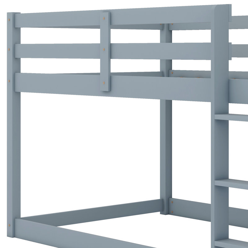 Solid Rubber Wooden Floor Bunk Bed With Ladder And Strengthened Slats, Gray