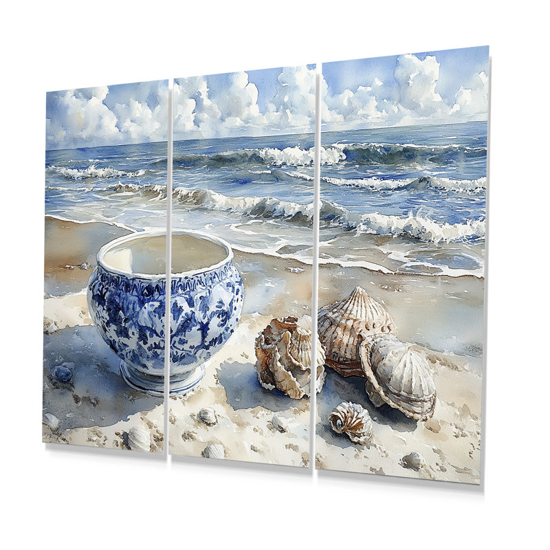 Beach Pottery In Blue And White Tones III - Beach Pottery Wall Art Print Set, White Floater Framed Canvas
