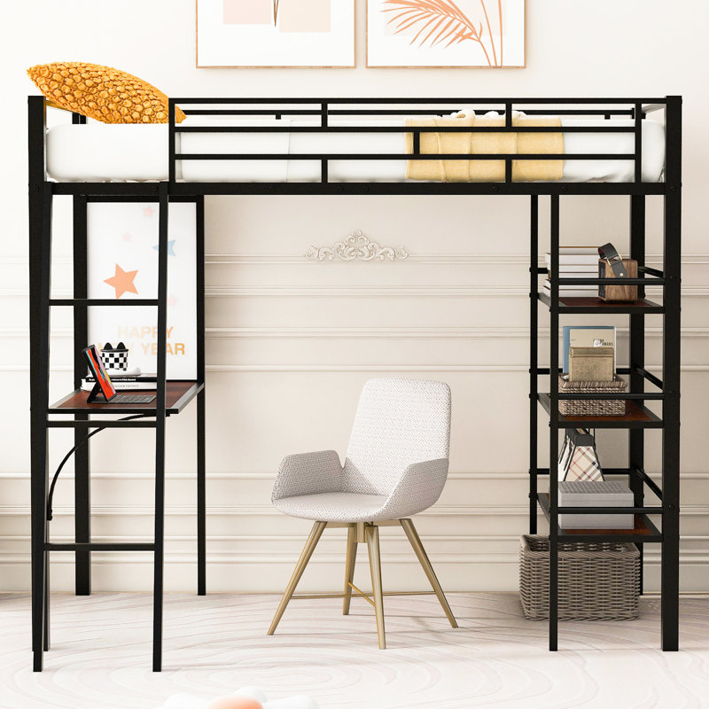 Lit mezzanine en métal noir avec tablettes à 3 niveaux et bureau d'étude