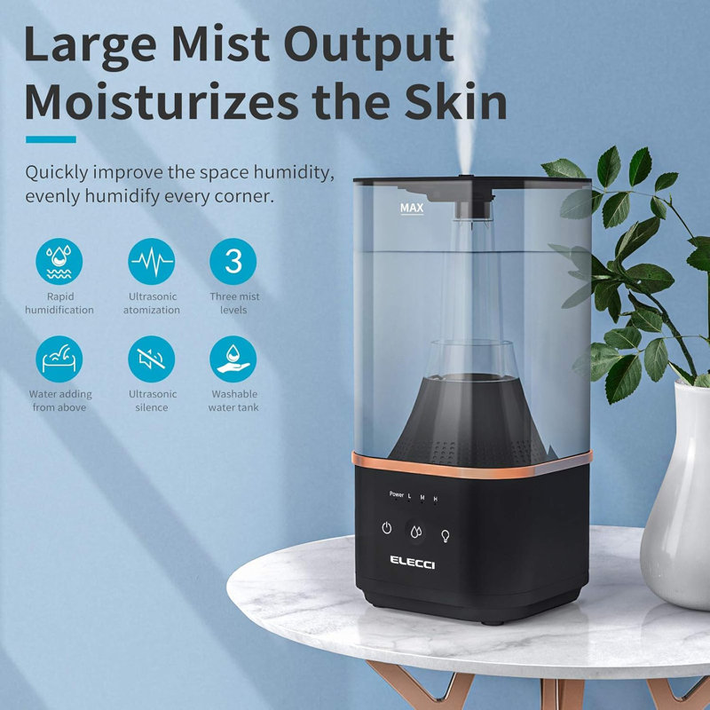 Humidificateur puissant ELECCI pour chambre à coucher pouvant durer jusqu'à 60 heures, humidificateur à brume fraîche à remplissage par le haut pour la maison avec un réservoir d'eau de 4L