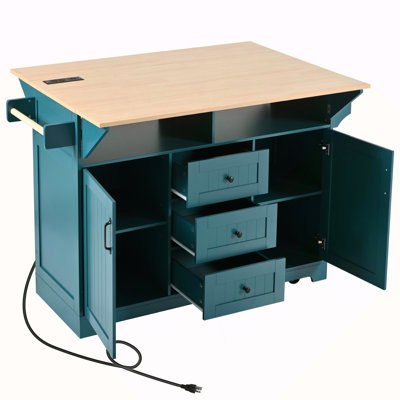 55.7'' Large Kitchen Island With 2 Drop Leaf,, Rolling Kitchen Cart On 5 Wheels With Power Outlet, Folding Storage Dining Table With Spice & Towel Rack , 3 Drawers, For Kitchen, Dining Room
